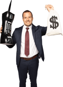 James Helm with Phone and Cash Bag