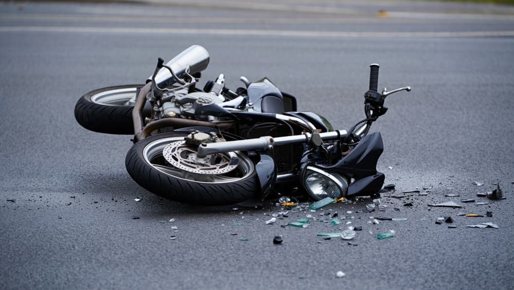 A striking motorcycle accident scene shows a downed bike surrounded by shattered glass and debris, emphasizing the serious risks and consequences of unsafe driving.